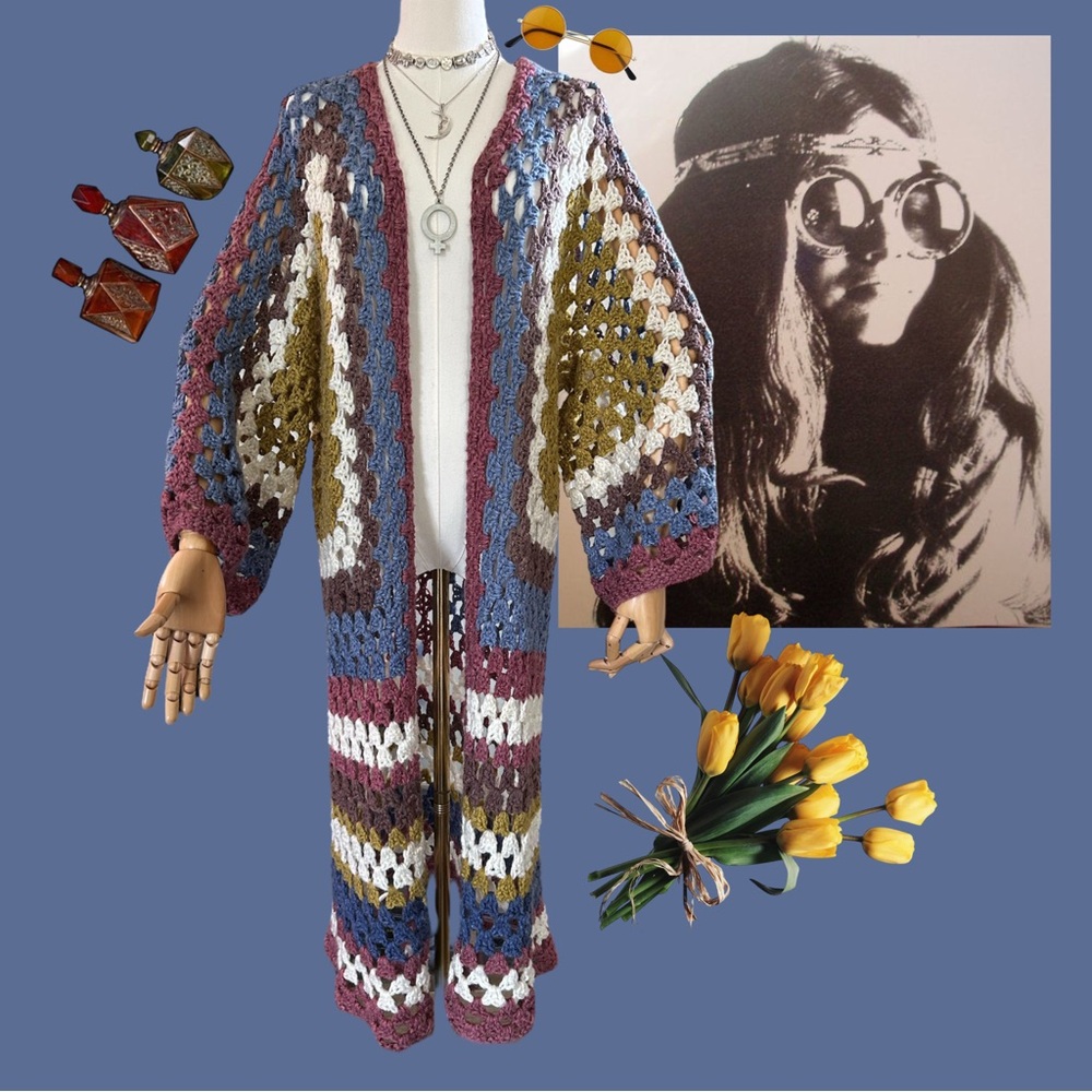 Vintage 70s earth tone handmade handknit crochet cardigan duster cardigan